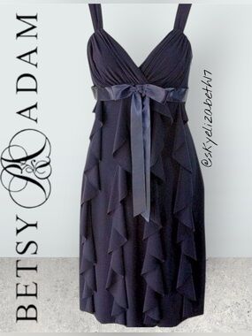 Betsy & Adam Navy Blue Ruffled Sleeveless Formal Cocktail Dress, 6